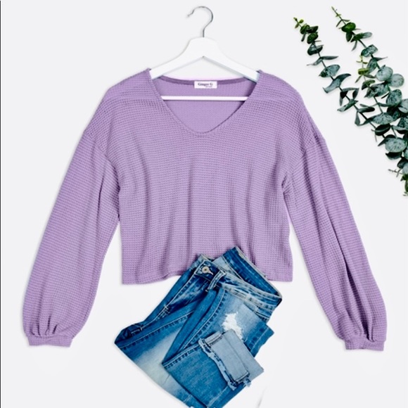 Sold 💜 Lavender 💜 V-Neckline Cuffed Long Sleeve Waffle Fabric Top S - Picture 2 of 8